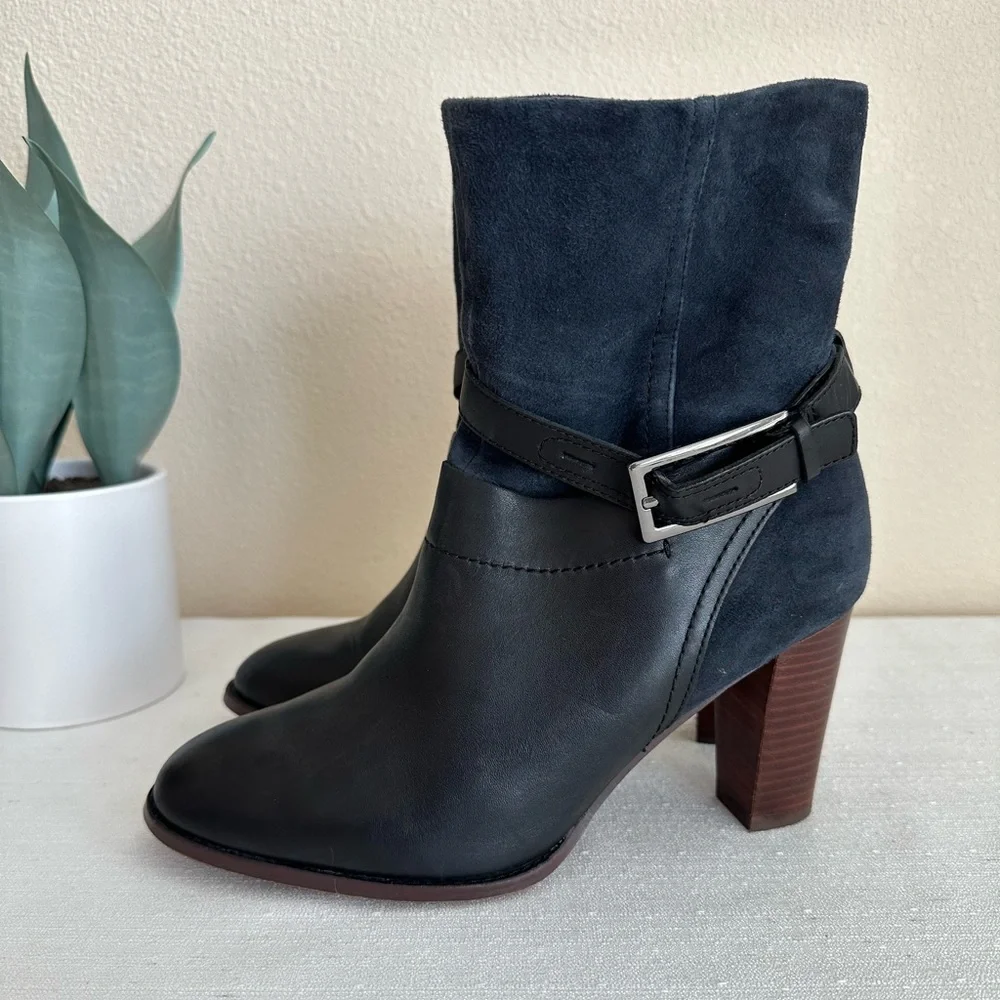 Clarks Kacia Garnet Navy Blue Suede/Leather Mid Height Heeled Boots Women’s 9M - Picture 1 of 11